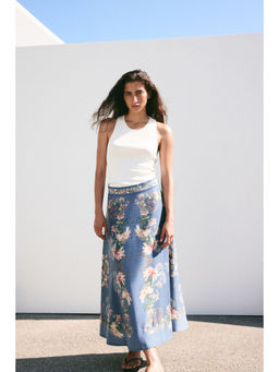 H&M - Women Blue Flared linen-blend skirt