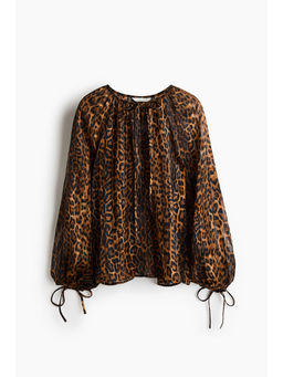 H&M - Women Brown Balloon-sleeved tie-detail blouse