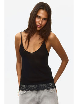 H&M - Women Black Lace-trimmed viscose-blend top