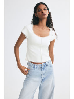 H&M - Women White Ponte Di Roma Square-Neck Crop Top