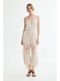 H&M - Women Beige Lace-Trimmed Balloon-Leg Jumpsuit