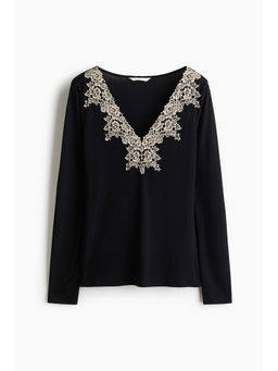 H&M - Women Black Lace-trimmed rib-knit top