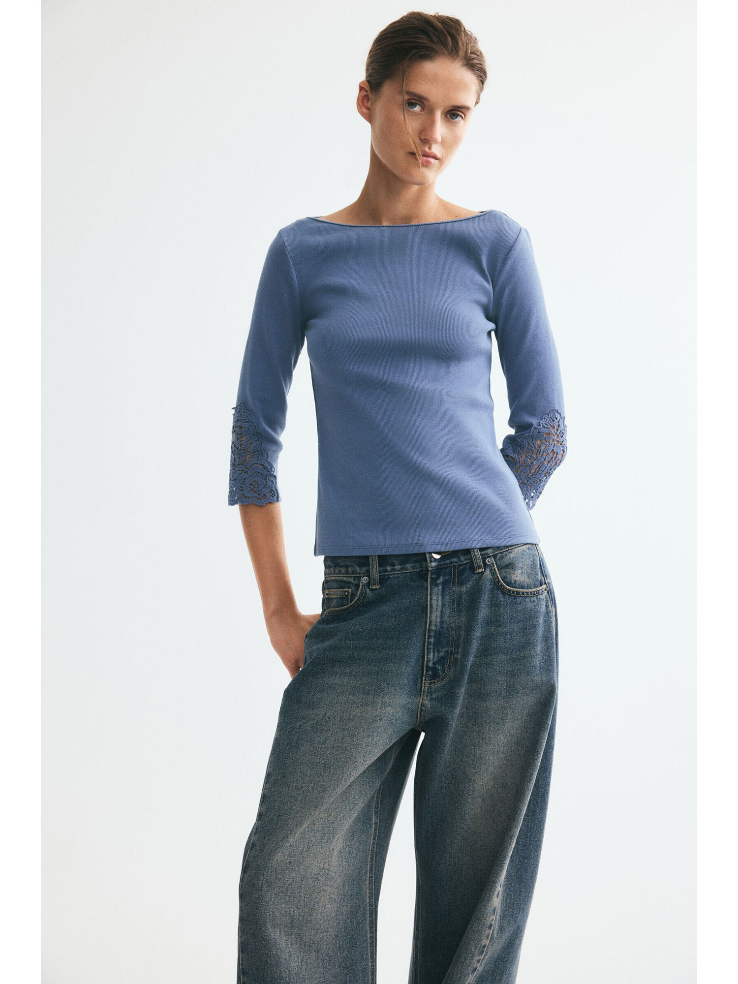 h&m Women Blue Lace-Inset Boat-Neck Top-picture-30