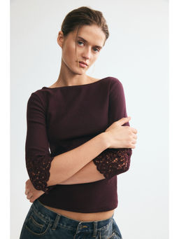 H&M - Women Red Lace-Inset Boat-Neck Top