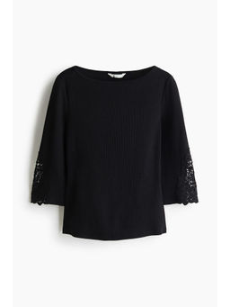 H&M - Women Black Lace-Inset Boat-Neck Top