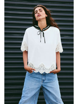 H&M - Women White Lace-Trimmed Cotton T-Shirt