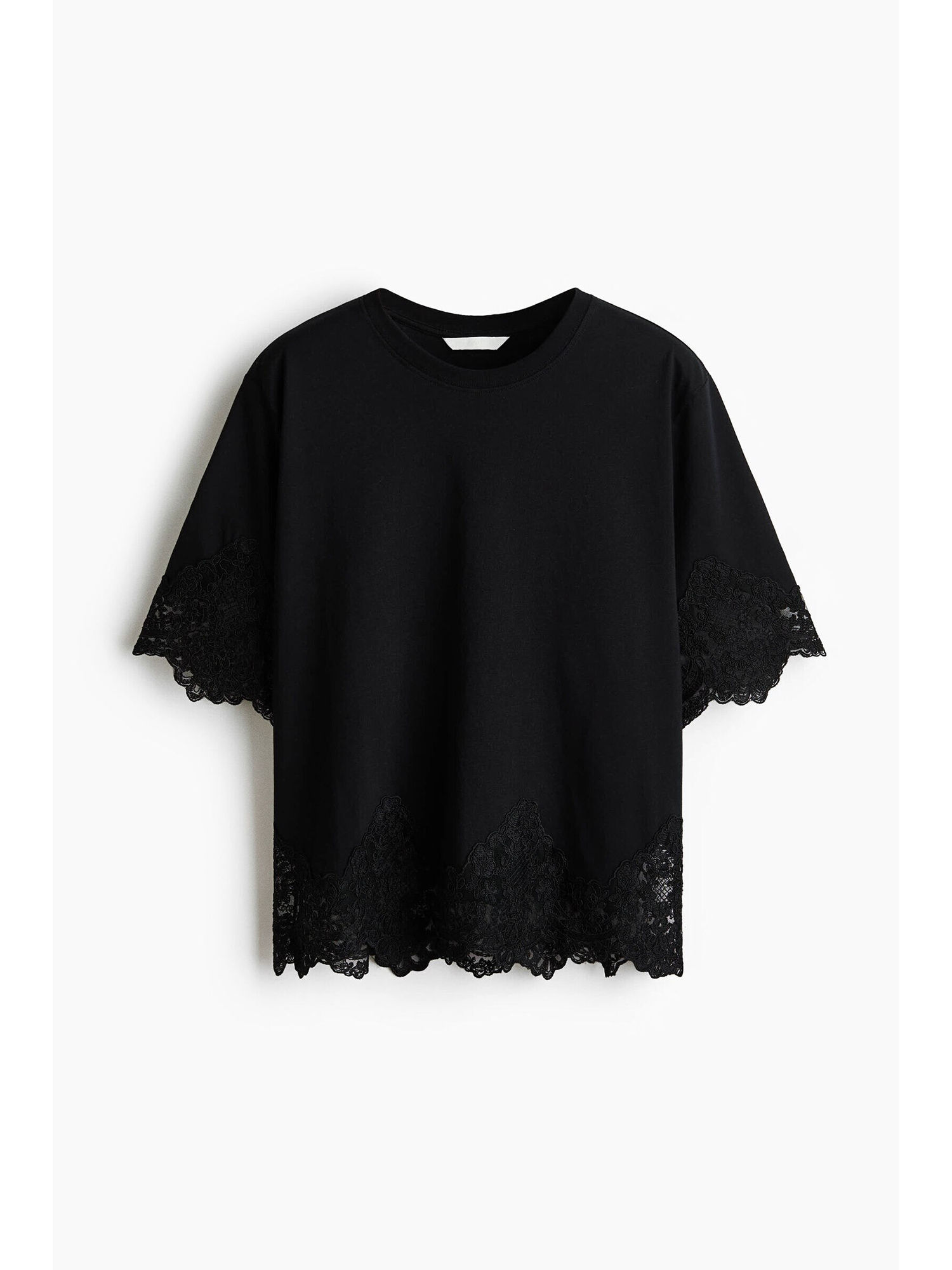 h&m Women Black Lace-Trimmed Cotton T-Shirt-picture-11