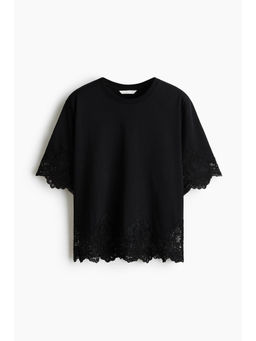 H&M - Women Black Lace-Trimmed Cotton T-Shirt