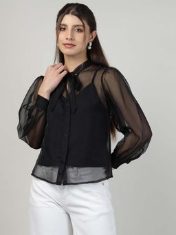 Sands of India - Black Organza Embroidered Shirt with Camisole (Set of 2) (L)