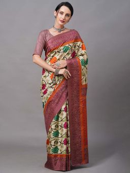 Akhilam - Women Manipuri Silk Cream Printed Designer Saree with Unstitched Blouse