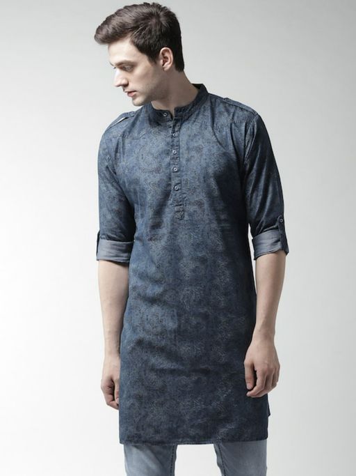 Style Quotient Men Blue Printed Denim Straight Kurta