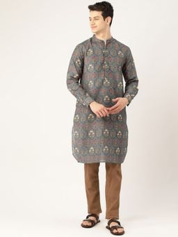 Style Quotient - Men Grey Brown Printed Straight Kurta