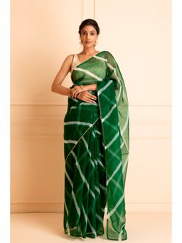 Geroo Jaipur - Green Handcrafted Leheriya Organza Saree