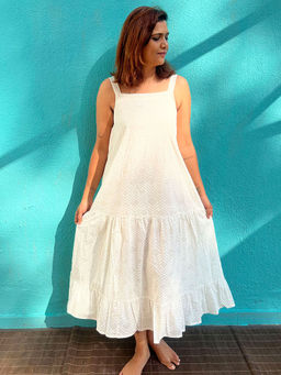 Chidiyaa - Safed Poornima Cotton Block Printed Maxi Dress