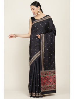 Soch - Navy Blue Poly Chiffon Ethnic Motifs Embroidered Saree with Unstitched