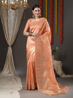 Akhilam - Womens Organza Peach Woven Design Designer Saree with Unstitched Blouse
