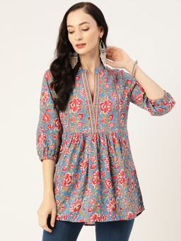 Jaipur Morni - Blue Print Mandarin Collar Empire Pure Cotton Longline Top