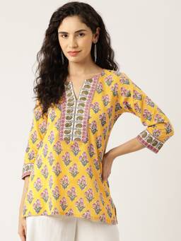 Jaipur Morni - Yellow Printed Sequinned Pure Cotton Kurti