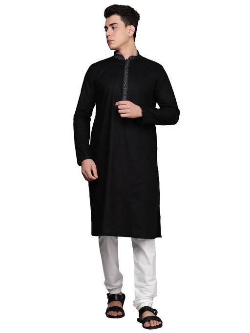Manyavar Mens Blended Cotton Embroidered Yoke Design Kurta Churidar