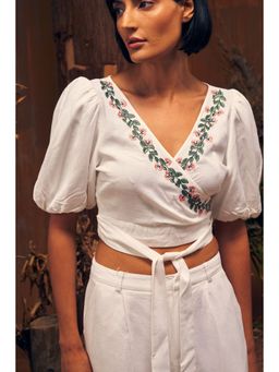 ASHITA FERNANDES - Women White Embroidered Faux Wrap Front Crop Top