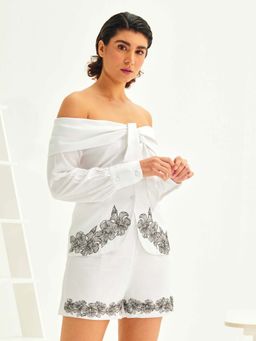 ASHITA FERNANDES - Women Off-Shoulder Embroidered White Linen Top