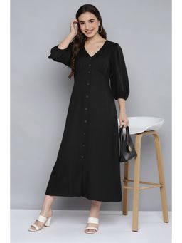 Scoup - Black V-Neck Viscose Linen Dress