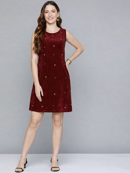 Scoup - Dark Red Embellished Velvet Short Dress