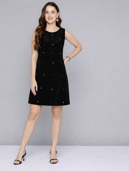 Scoup - Dark Black Embellished Velvet Short Dress