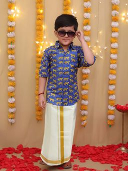 BownBee - Blue South Indian Half Sleeves Pure Cotton Shirt with Mundu (Set of 2)