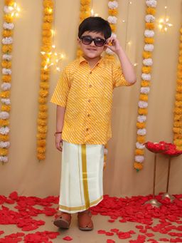 BownBee - Yellow South Indian Half Sleeves Pure Cotton Shirt with Mundu (Set of 2)