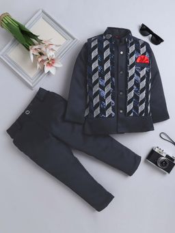 FOURFOLDS - Boys Navy Blue Indo Blazer and Trouser with Embroidered Waistcoat (Set of 3)