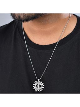 Voylla - Statement Solar Wheel Silver Oxidised Mens Necklace
