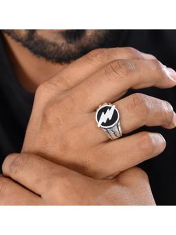 Voylla - Statement Thunderbolt Silver Oxidised Mens Ring (Adjustable)