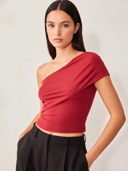 Outzidr - Red Textured One Shoulder Knit Top