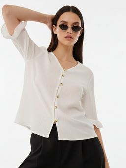 Outzidr - White Front Buttoned With Ruffle Detail On Sleeve Top