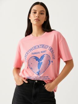 Outzidr - Pink Crew Neck Graphic T-Shirt