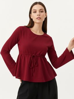 Outzidr - Maroon Round Neck Peplum Full Sleeves Top