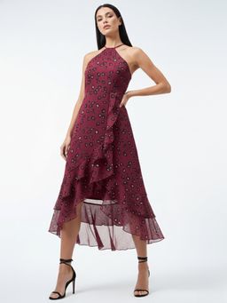 Outzidr - Wine High Slitted Dress