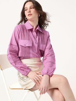 Outzidr - Pink Delicate Lace with Pintuck Accents Shirt