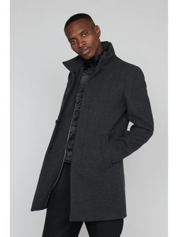 Matinique - Men Grey Solid High Stand Collar Long Sleeves Overcoat