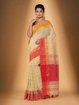 Beatitude - Beige Handspun Cotton Saree with Unstitched Blouse
