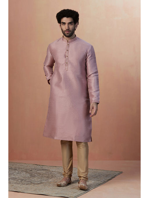 Manyavar Mens Pink Art Silk Self Design Kurta with Pyjama (Set of 2)