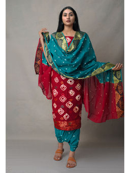 Unnati Silks - Unstitched Maroon Pure Bandhani Cotton Salwar Kameez (Set of 3)