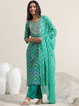 Libas - Green Bandhani Printed Kurta with Pant with Chiffon Dupatta (Set of 3)