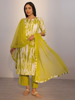 Libas - Green Abstract Printed Straight Kurta with Pant and Dupatta (Set of 3)