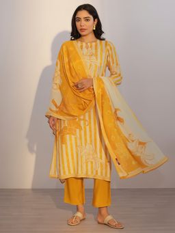 Libas - Mustard Floral Strip Printed Straight Kurta with Pant and Dupatta (Set of 3)