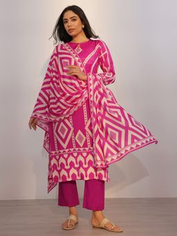 Libas - Pink Geometric Printed Straight Kurta with Pant and Dupatta (Set of 3)
