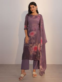 Libas - Mauve Floral Printed Straight Kurta with Pant and Dupatta (Set of 3)