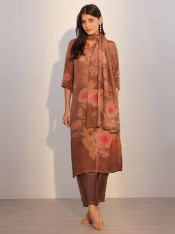 Libas - Brown Floral Printed Straight Kurta with Salwar and Dupatta (Set of 3)