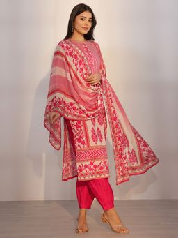 Libas - Pink Floral Printed Straight Kurta with Salwar and Dupatta (Set of 3)